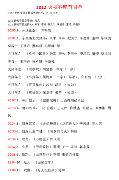 2012年春晚节目单(2012年春晚总导演和主持人名单？)